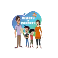 a cartoon of a family standing next to each other with the words " hearts parents " above them