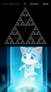 a cat in a futuristic space suit is being projected into a glass container