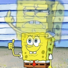 a cartoon of spongebob giving a thumbs up with his reflection in the background