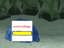 a cartoon drawing of a blue sponge with the word imagination in red