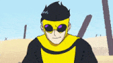 a cartoon drawing of a man with a yellow mask and green gloves