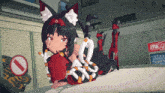 a girl in a cat costume is laying on the ground in front of a fence with a sign that says mr.