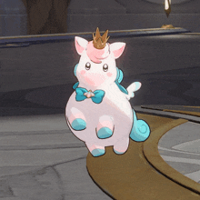 a white unicorn with a crown on its head and a bow tie
