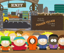 south park characters standing in front of an exit sign