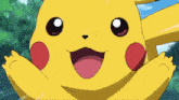 a close up of a pikachu with its mouth open and its tongue out
