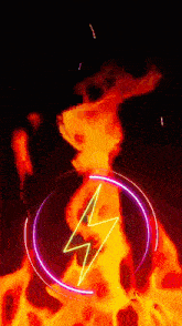 a neon lightning bolt is surrounded by a circle of flames