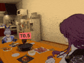 a cartoon character sitting at a table with a sign that says t0.5