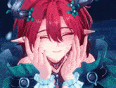 a girl with red hair and horns is making a face with her hands .