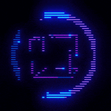a circle of blue and purple lines on a dark background with a smiley face in the center