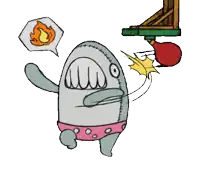 a cartoon shark is being hit by a punching bag and has a speech bubble with a fire coming out of it