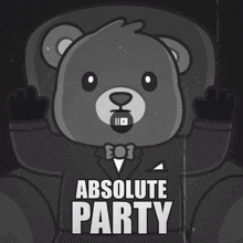 a teddy bear wearing a suit and bow tie with the words absolute party below it