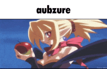 a picture of a girl holding an apple with the word aubzure above it