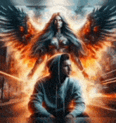 a man in a hoodie is sitting in front of a woman with angel wings .