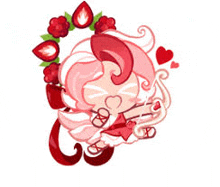 a strawberry cookie from cookie run with a wreath of strawberries and hearts around her head .