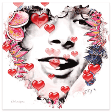 a painting of a woman 's face with hearts around her