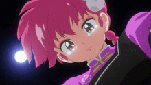 a little girl with pink hair and a flower on her shirt is crying