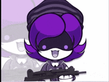 a cartoon character with purple hair is holding a gun and smiling