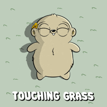 a cartoon drawing of a ground squirrel laying in the grass with the words touching grass below it