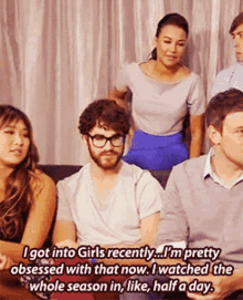a group of people are sitting on a couch and one of them is saying " i got into girls recently "