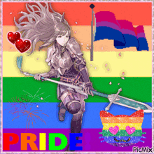 a picture of a woman holding a sword with the word pride in the corner