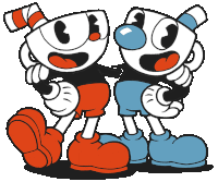 two cartoon characters are standing next to each other with their arms around each other