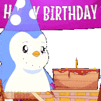 a penguin wearing a party hat stands in front of a birthday cake under a sign that says happy birthday