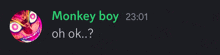 a screen shot of a monkey boy asking if he is ok