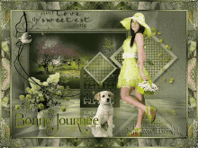 a woman in a green dress standing next to a dog with the words bonne journee on the bottom right