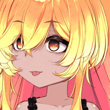 a close up of a girl 's face with yellow hair sticking her tongue out