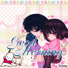 a good morning greeting card with a boy and girl