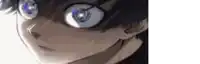 a close up of a person 's face with big blue eyes and glasses .
