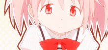 a close up of a pink haired anime girl with a red bow tie