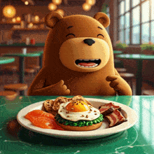 a cartoon bear sitting at a table with a plate of food on it