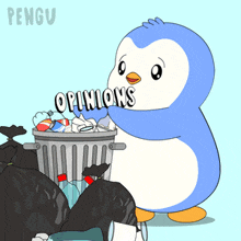 a penguin is throwing garbage into a trash can that says opinions on it