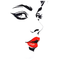 a black and white drawing of a woman 's face with red lips and long eyelashes