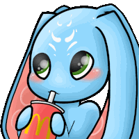 a cartoon of a blue bunny drinking a mcdonald 's drink