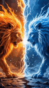 two lions are standing next to each other and looking at each other . one of the lions is fire and the other is water .