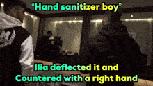two men standing next to each other with hand sanitizer boy written above them