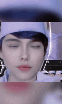 a close up of a person 's face with their eyes closed and a lightning bolt behind them