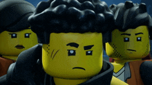 a group of lego figures are standing next to each other with their faces showing