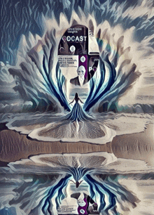 a painting of a woman standing in front of a phone that says podcast on it