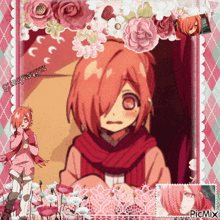 a picture of a girl with red hair is surrounded by flowers