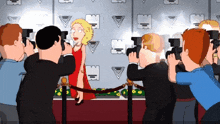 a cartoon of a woman in a red dress being photographed by photographers