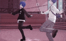a couple of anime characters are dancing on a pink stage