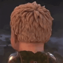 a close up of a child 's face with blonde hair and a sword .