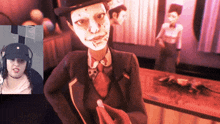 a woman wearing headphones and a top hat looks at a cartoon character