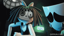 a cartoon character with dreadlocks is standing in front of an open sign