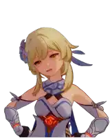 a girl with blonde hair and a flower in her hair is wearing a blue and white outfit