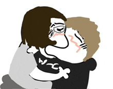 a cartoon of a man hugging another man who is wearing a shirt that says wtf