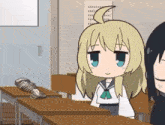a cartoon girl is sitting at a desk in a classroom with a fish skeleton next to her .